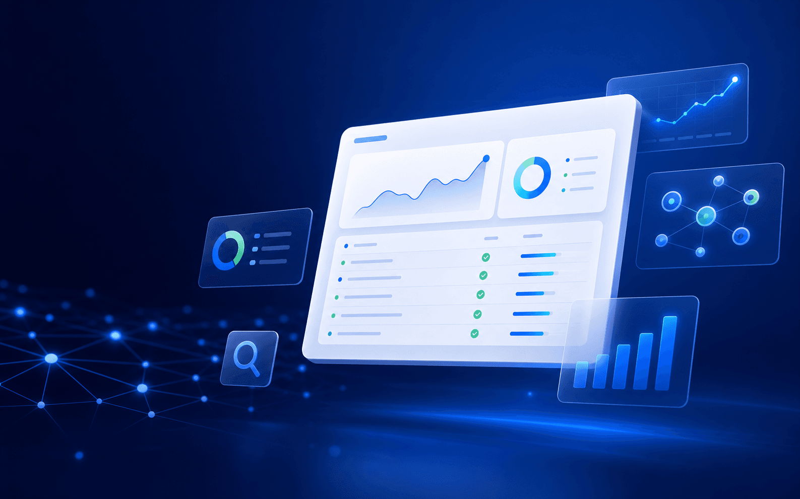 SEO analytics workspace with index tracking and performance charts