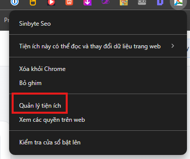 Chuột phải extension Sinbyte SEO và chọn Quản lý tiện ích